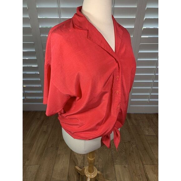 Vtg 70s Lehigh Red Button Up Blouse L/XL Tie Waist Collared Band Classic Retro - Picture 2 of 11